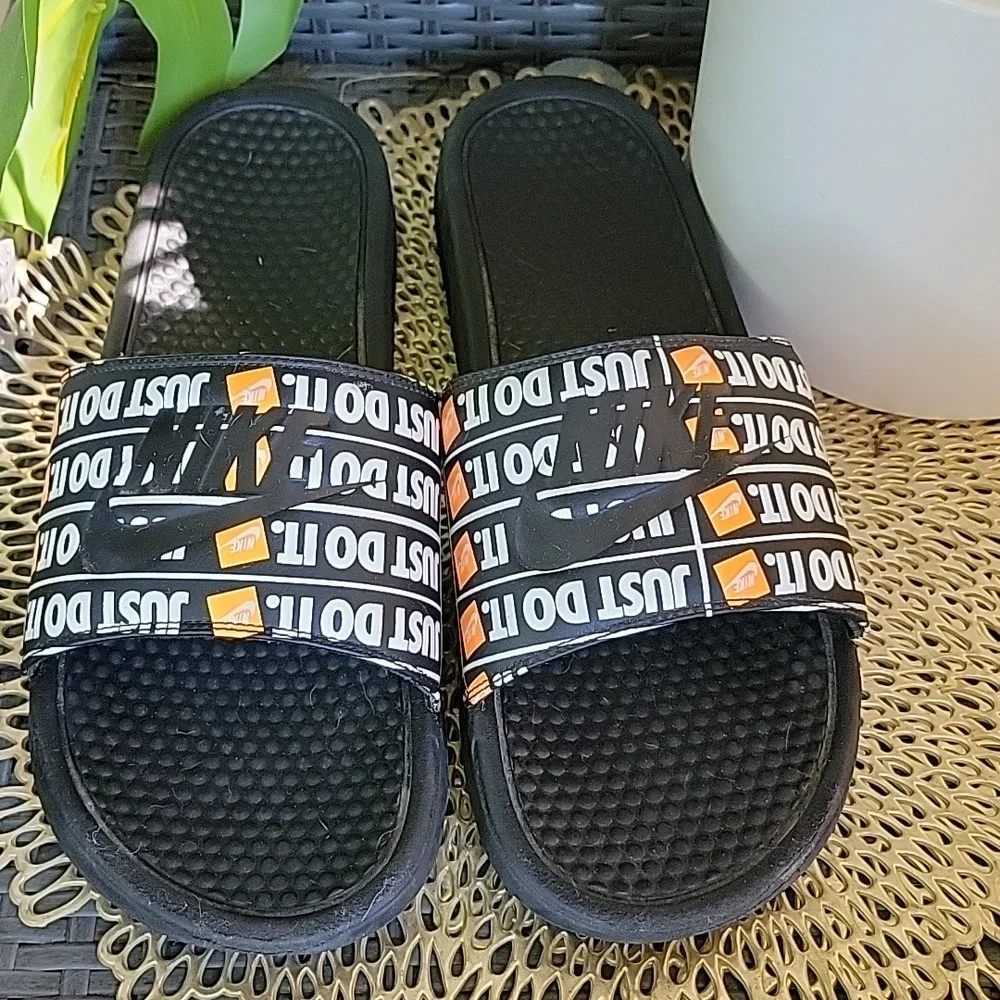 Nike Mens Benassi Just Do It Slide Flat Sandals Black White Orange Size 13